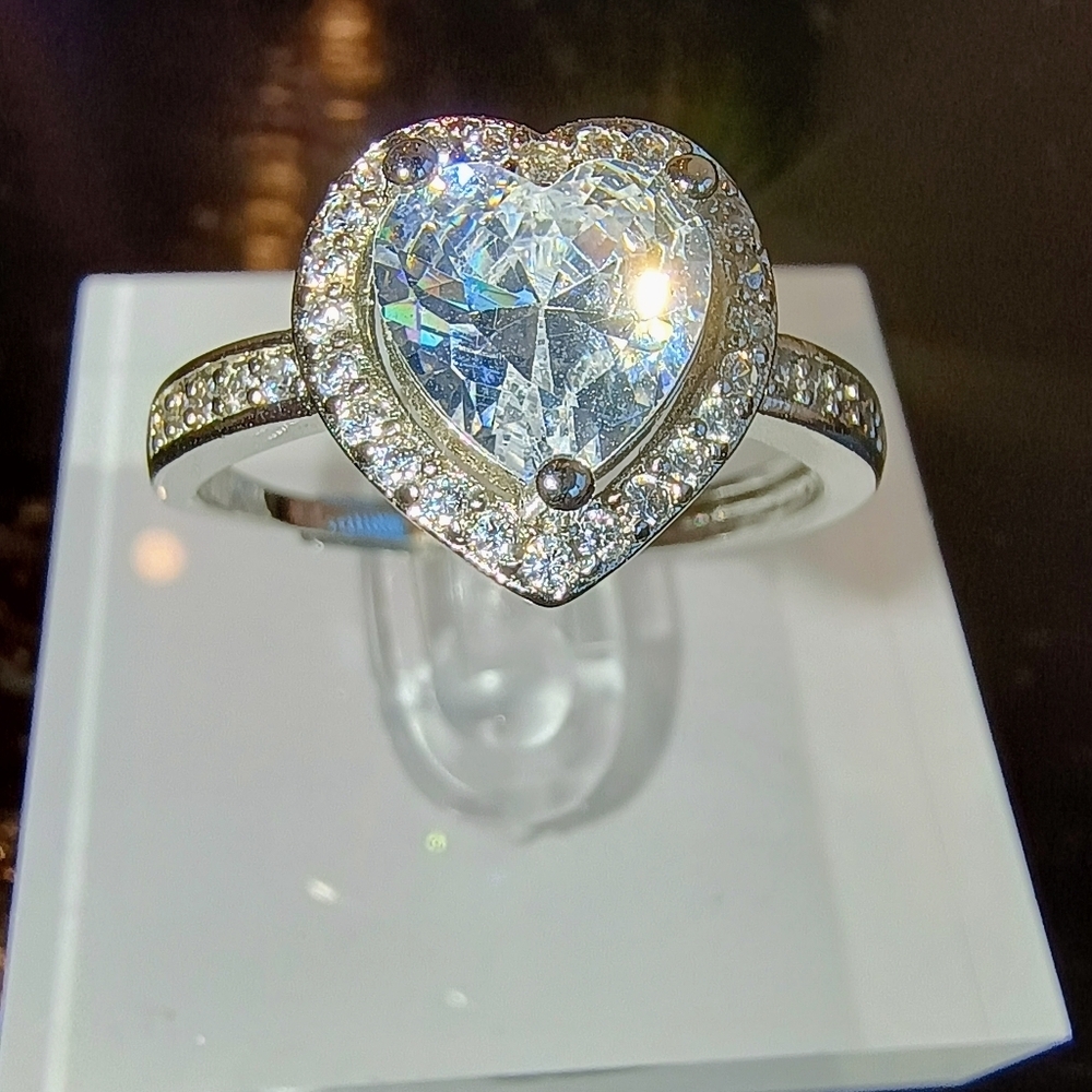 Heart-Shaped Sterling Silver & Cubic Zirconia Halo Engagement Ring